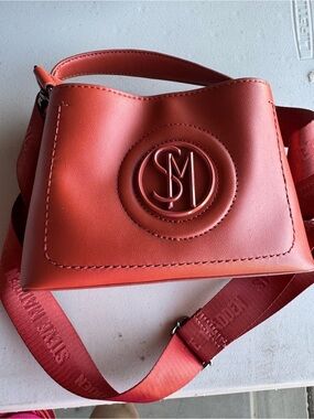 Steve Madden Coral Red Leather Crossbody Bag with Logo Medallion